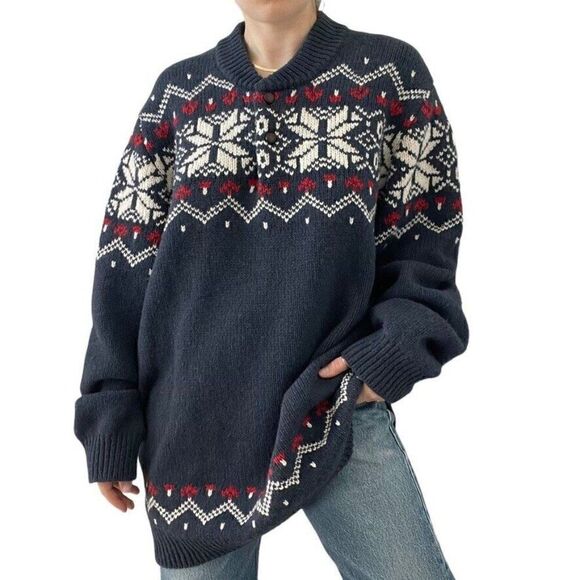 LL Bean Mens Navy Blue Red Lambswool Fair Isle Snowflake Cowl Neck Sweater XXL - Picture 1 of 7